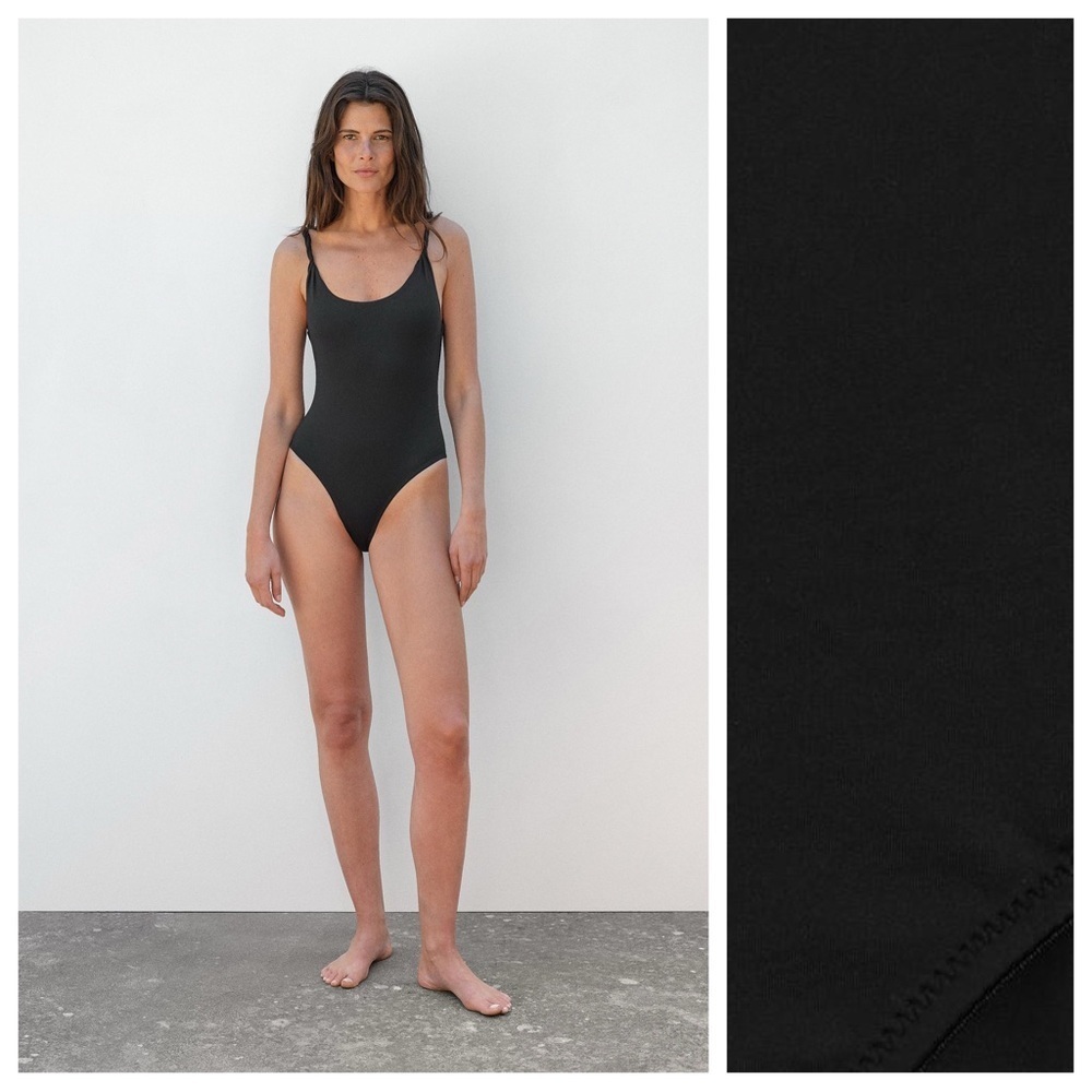NWT. Massimo Dutti Black Round Neckline Swimsuit with Rolled Straps.